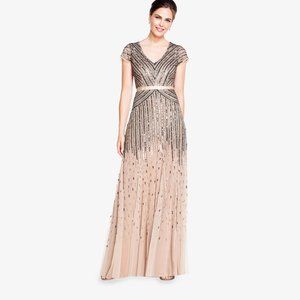 Adrianna Papell BEADED V-NECK GOWN IN NUDE